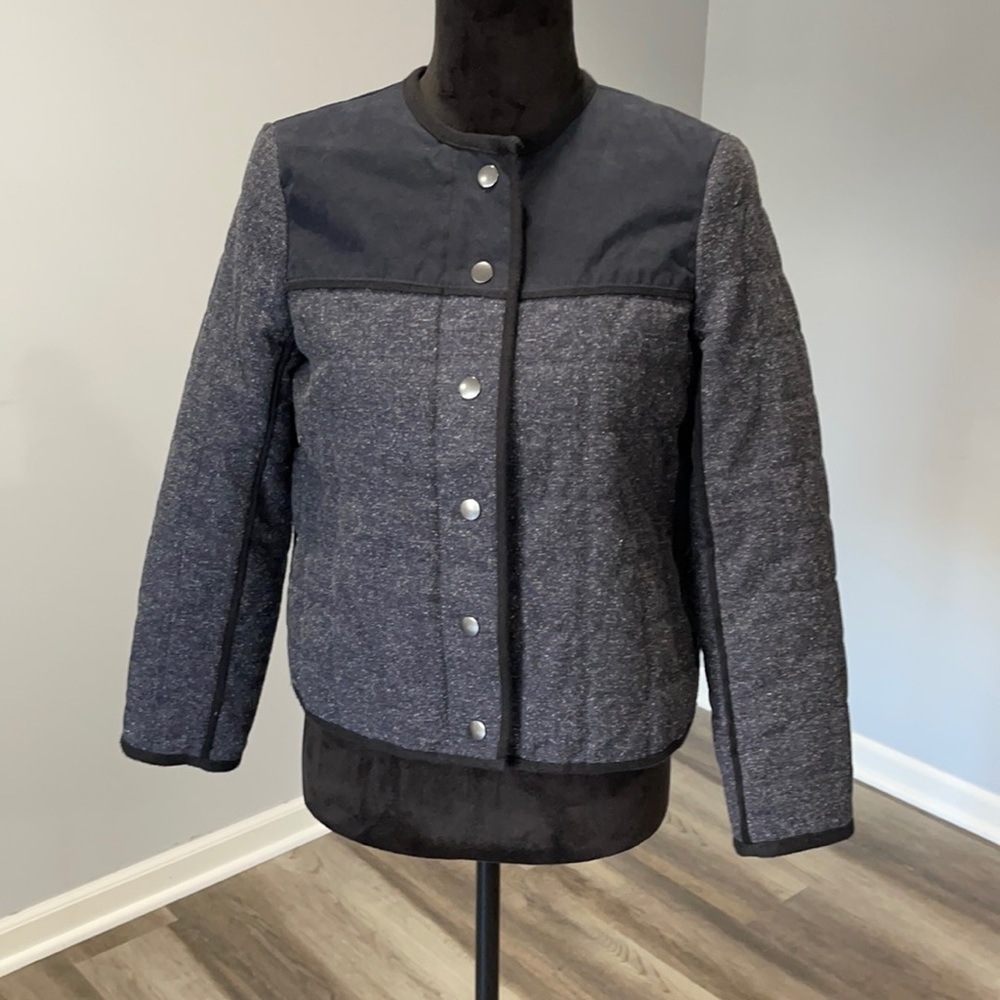 J.Crew Quilted Fencing Jacket size 6 petite navy blue herringbone pattern